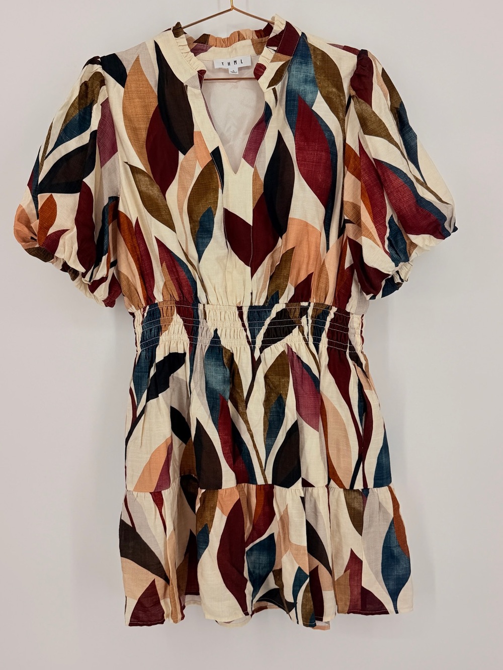 THML Abstract Leaf Print Puff Sleeve Mini Dress Size Large